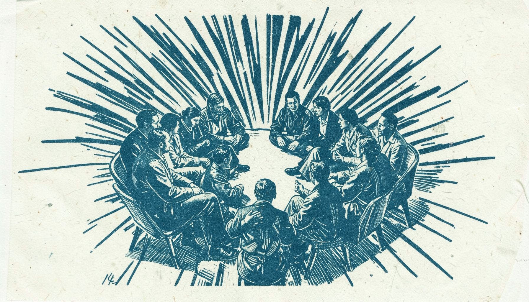 A linocut relief print in muted teal and charcoal tones depicting a circular gathering of figures seated in conversation, with overlapping speech-like forms radiating outward against a textured off-white ground.