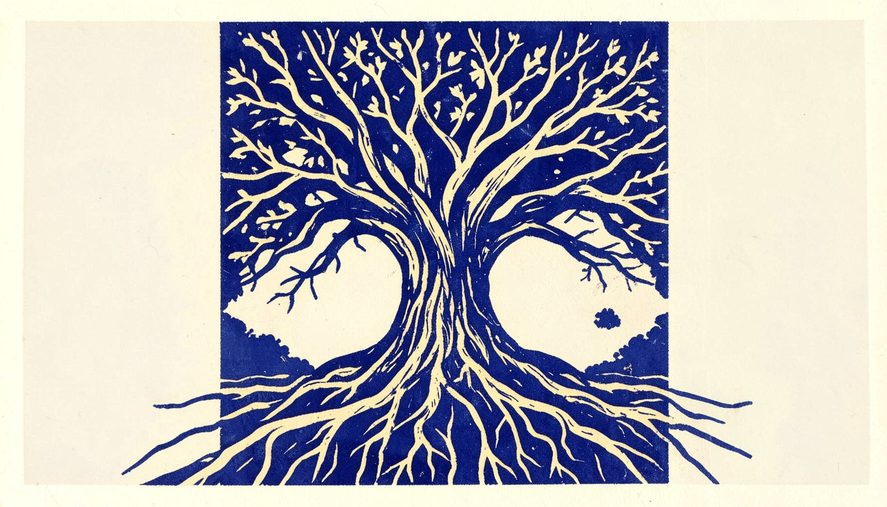 A linocut print in deep indigo and warm cream, showing a tree with spreading roots and branches, its carved lines suggesting storytelling, lineage, and the branching paths of narrative.
