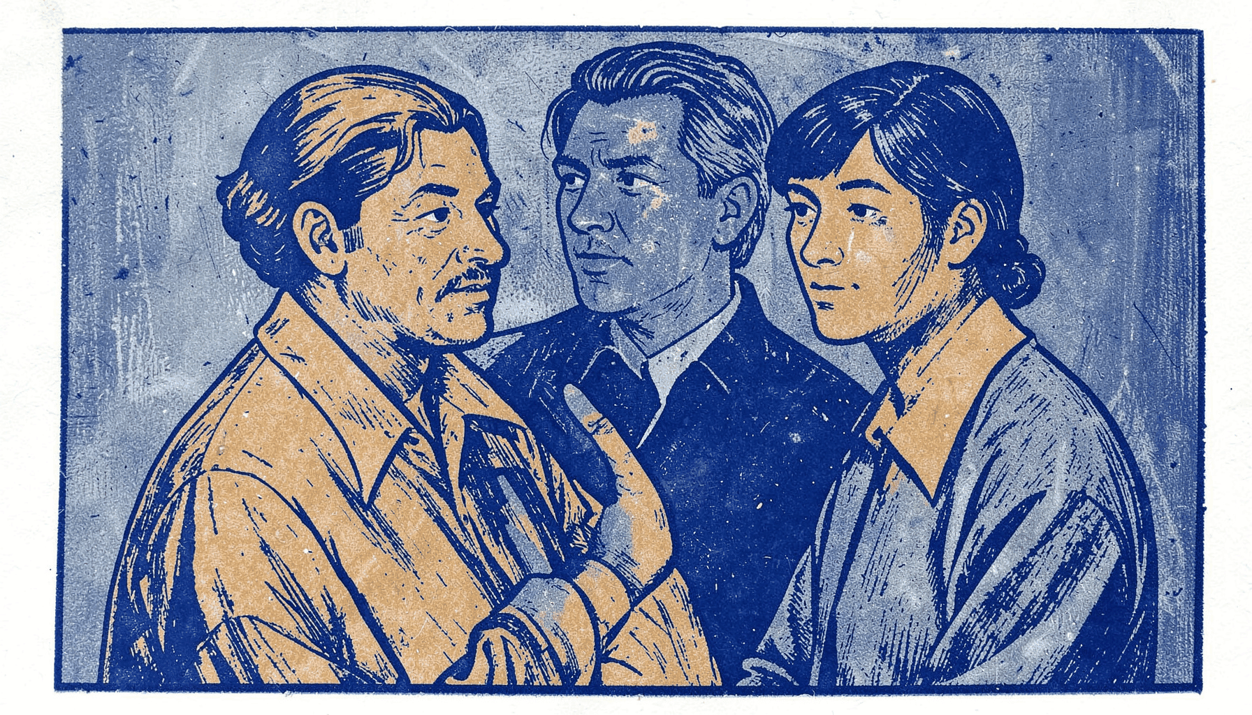 A linocut relief print in muted slate blue and warm ochre tones, depicting three overlapping abstract figures in quiet conversation, with textured hand-carved lines suggesting reflective dialogue and shared presence.