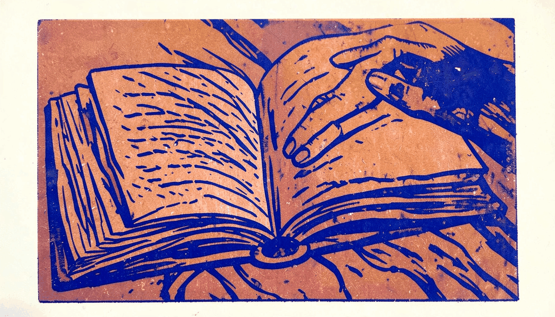 A linocut relief print in warm amber and dusty rose, depicting an open book and a hand resting beside it, with carved flowing lines evoking conversation and shared inquiry.