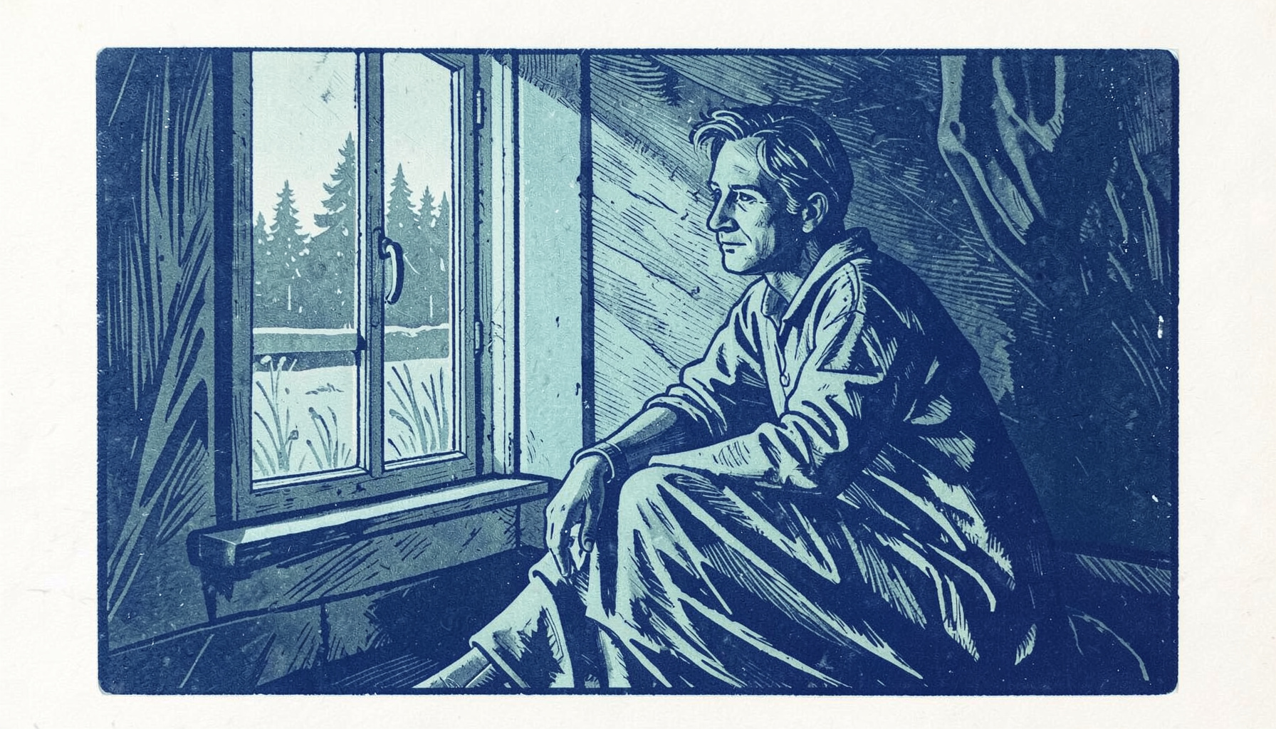 A linocut print in cool grey and soft teal, showing a contemplative figure seated beside a window, with Nordic-inspired carved textures and gentle light falling across the scene.